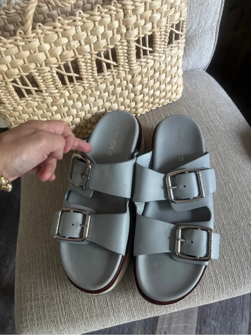 J Slides Light Gray Double-Buckle Platform Sandals with White Sole - Picture 2 of 8